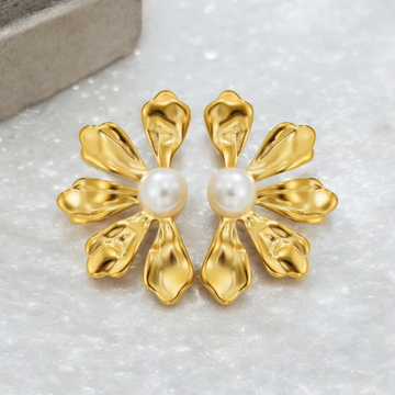 Golden Flower Earrings with Pearl | VV-24-GSE-0113
