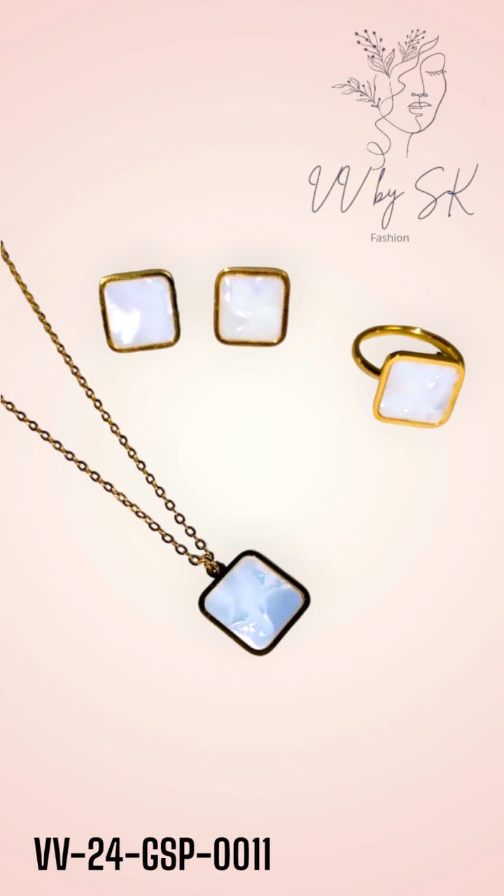 Gold Sunshine White Square Pendent Set with Ring | VV-24-GSP-0011