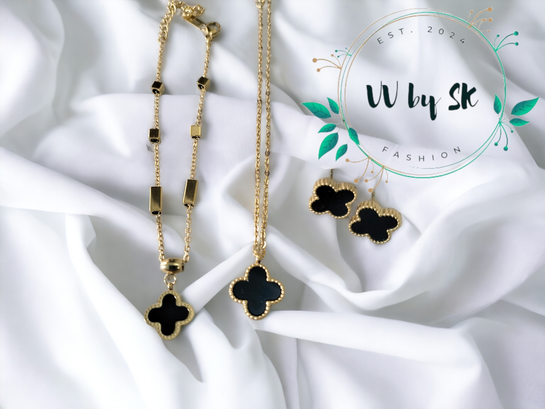 3 Piece Black-Four Leaf Clover Necklace Set with Chain Bracelet | VV-24-CLBN-91