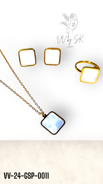 Gold Sunshine White Square Pendent Set with Ring | VV-24-GSP-0011