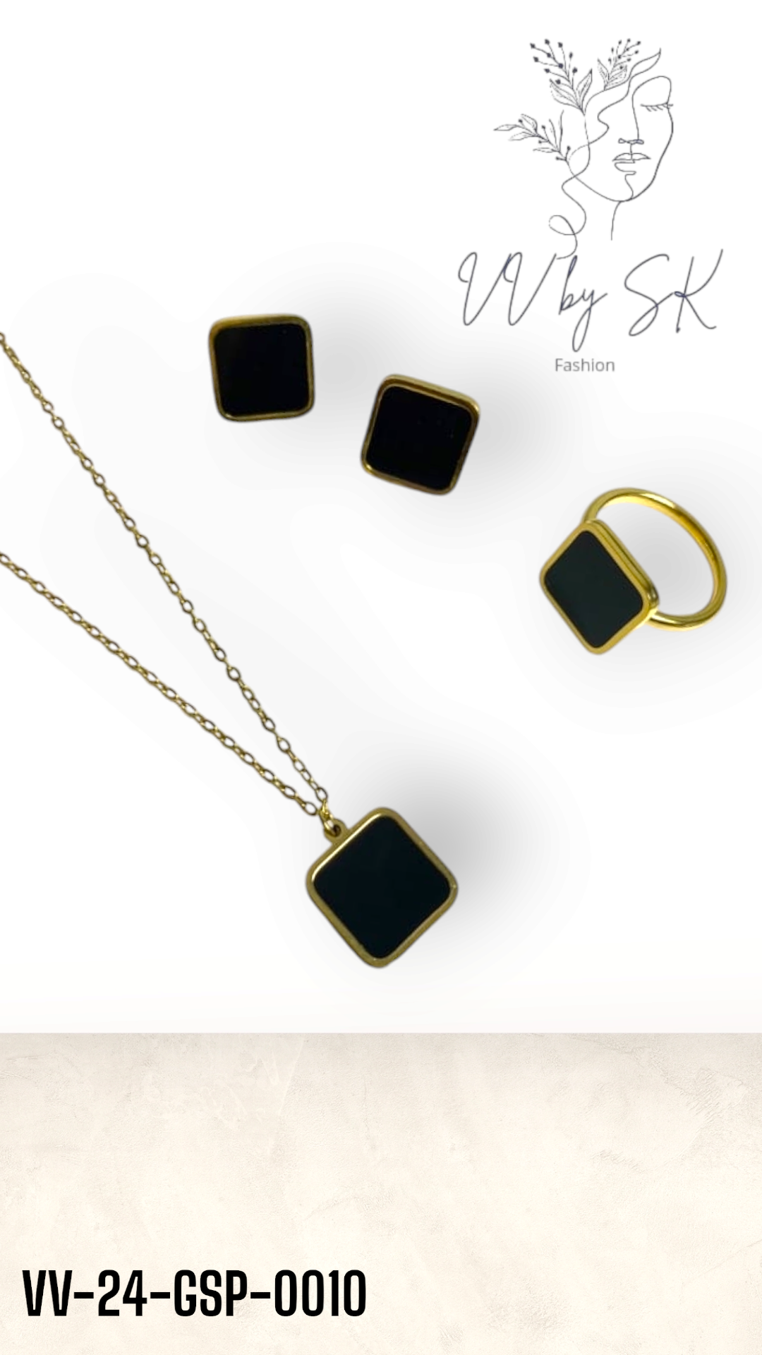 Gold Sunshine Black Square Pendent Set with Ring | VV-24-GSP-0010