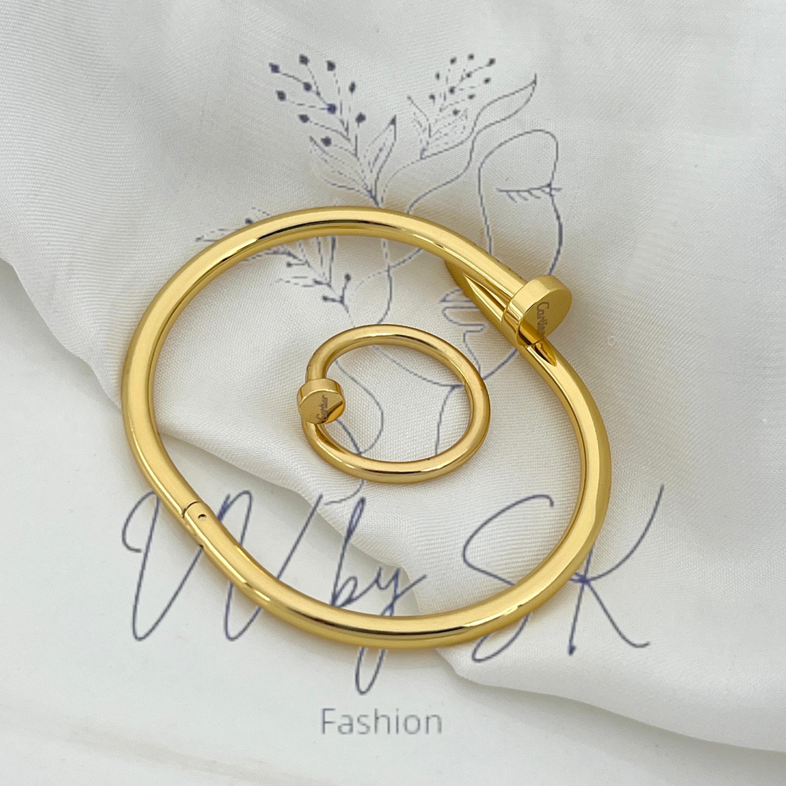 Golden Cartier Nail Bangle with Ring | VV-24-GSB-0021