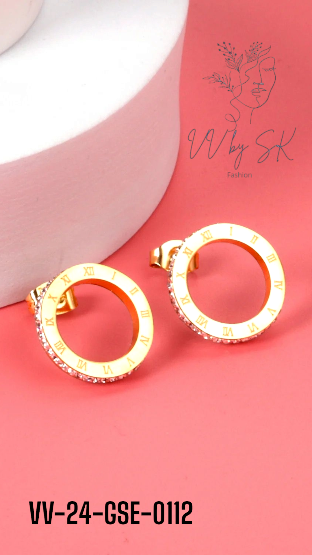 Glowing Round Roman Earrings with White Stones | VV-24-GSE-0112