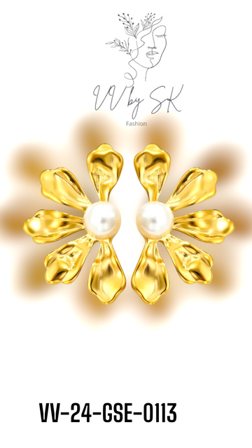 Golden Flower Earrings with Pearl | VV-24-GSE-0113