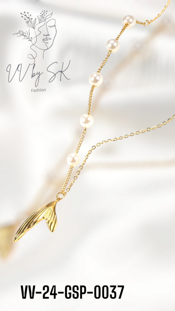 Golden Fish Tail Chain with White Pearls | VV-24-GSP-0037