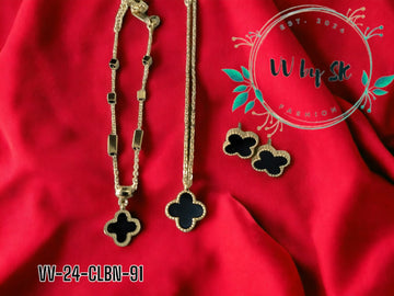 3 Piece Black-Four Leaf Clover Necklace Set with Chain Bracelet | VV-24-CLBN-91