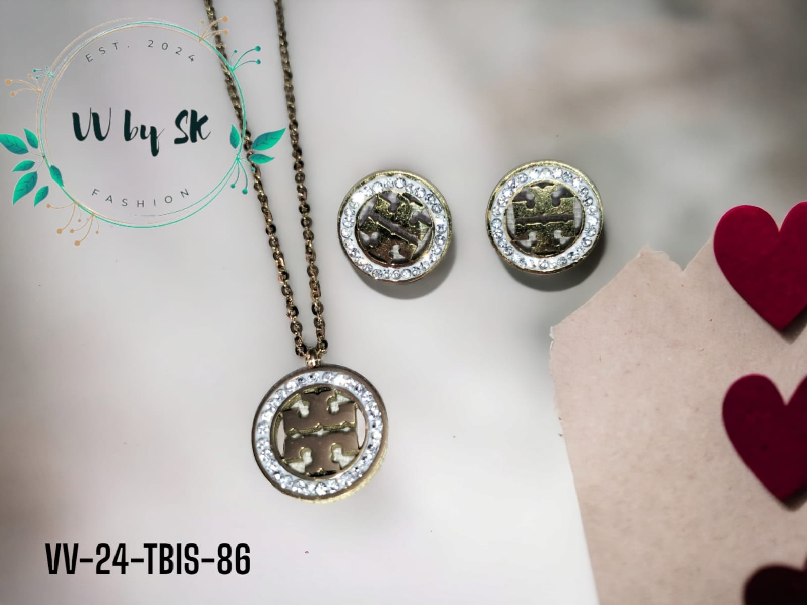 2 Piece Tory Burch-Inspired Stainless Steel Pendant Set with White Stones | VV-24-TBIS-86