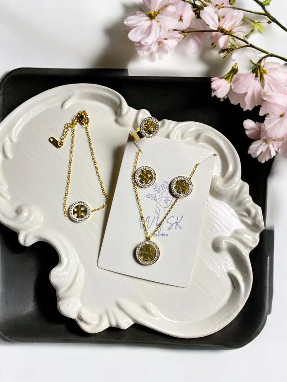 4-Piece Luxe Tory Burch-Inspired Necklace Set with White Stones