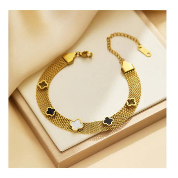 Four Leaf Golden Bracelet White and Black Color | VV-24-GSB-0032