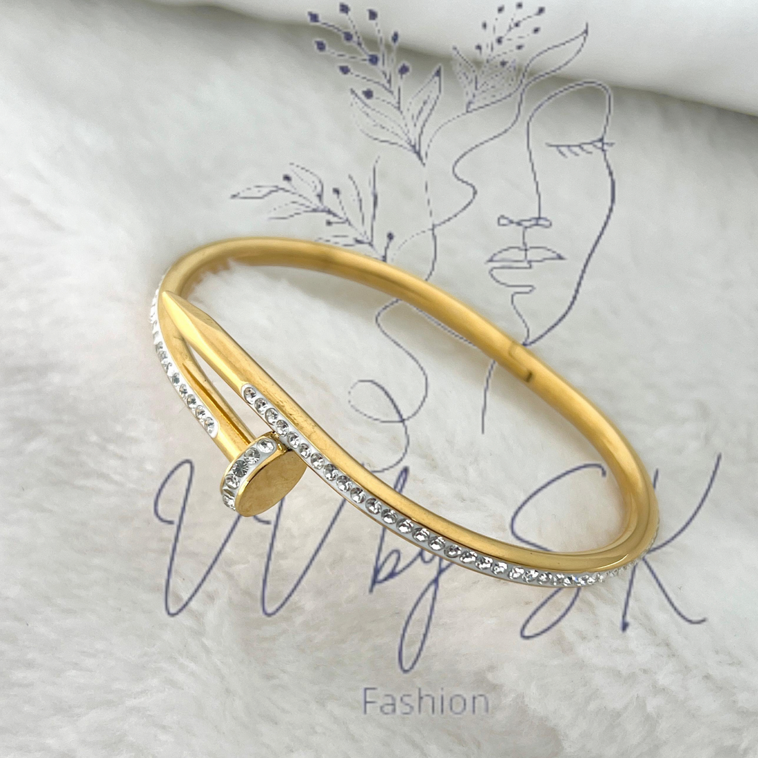 Golden Cartier Nail Bangle with Stones | VV-24-GSB-0028