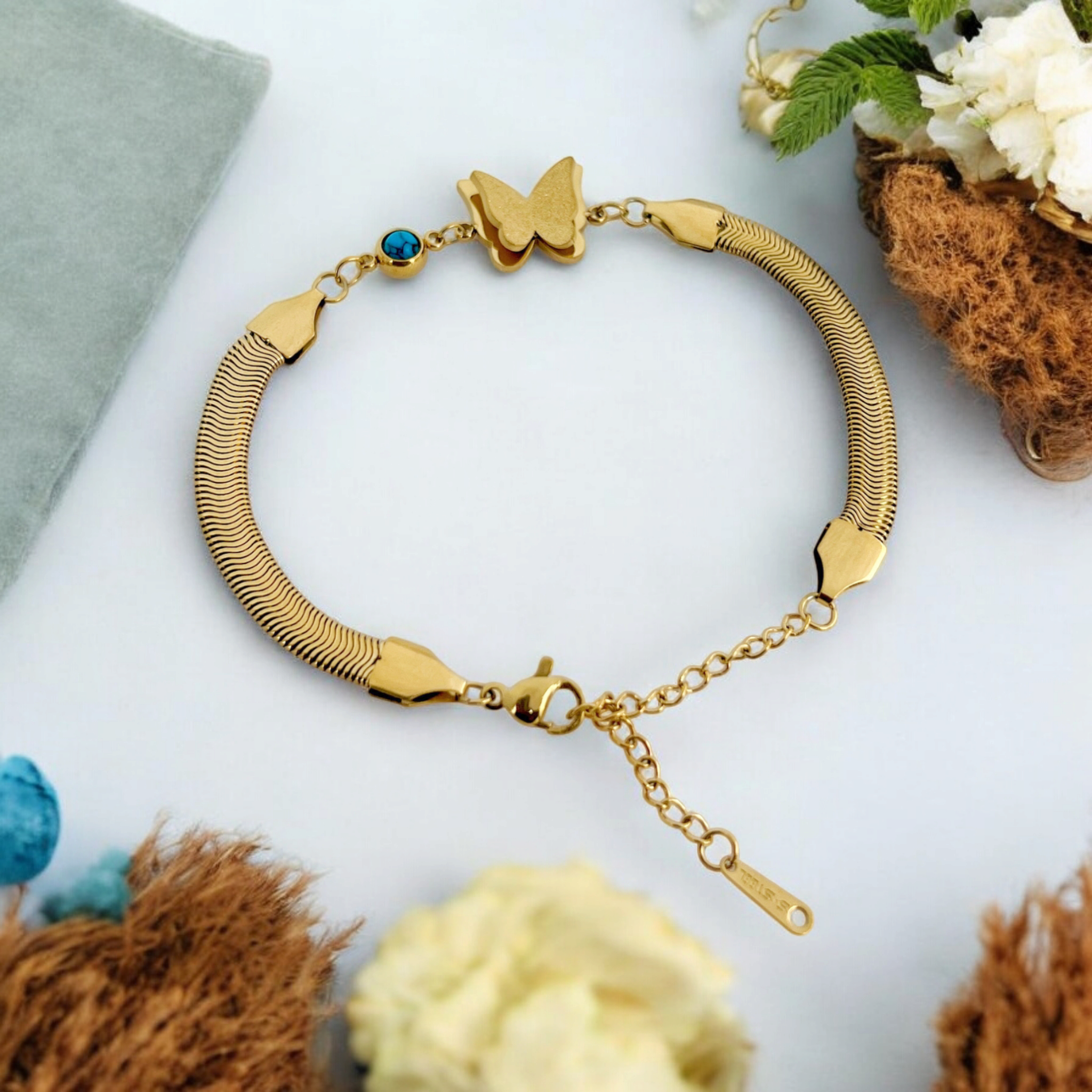 Golden Butterfly Bracelet with Green Stone | VV-24-GSB-0034