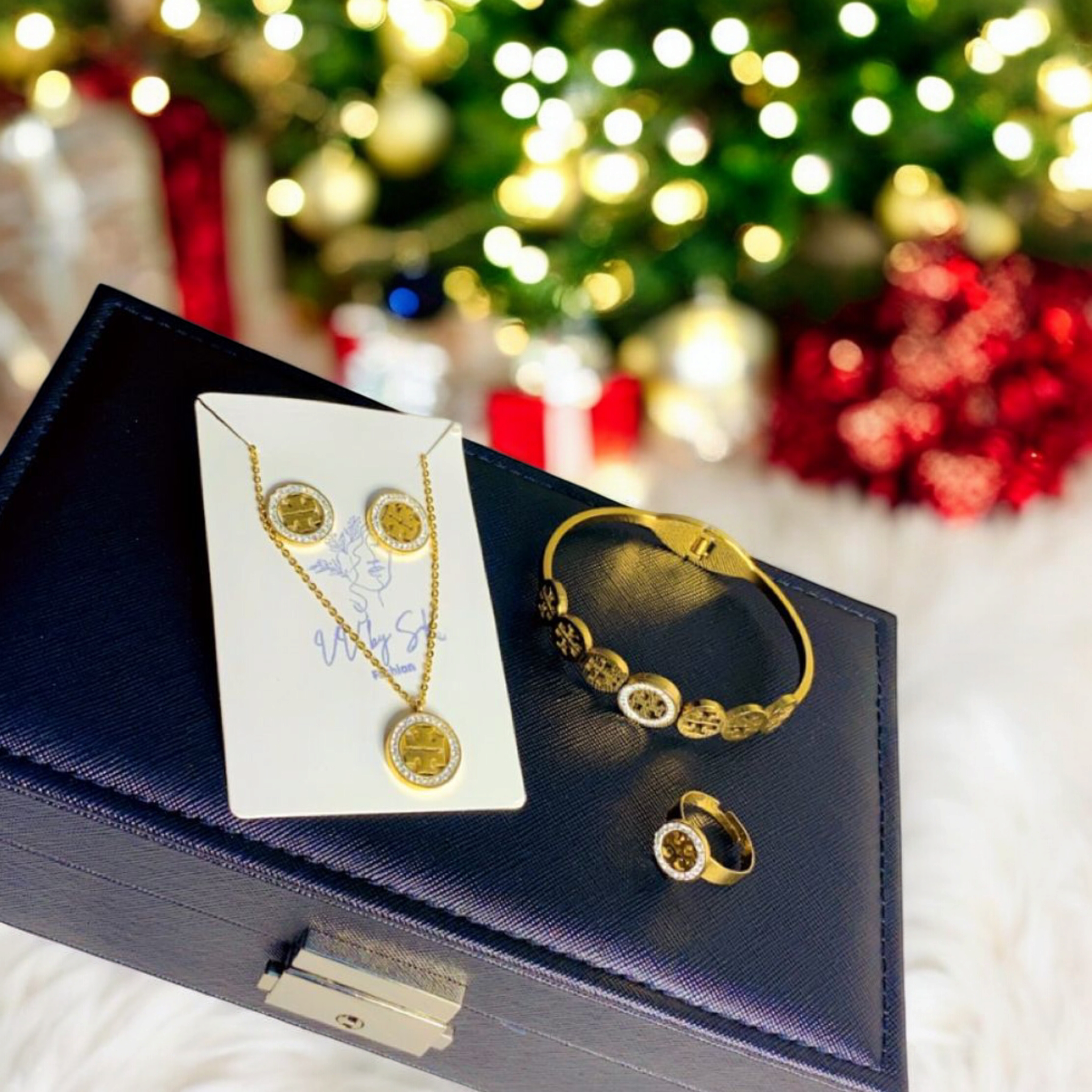 Limited Time Bundle Offer-Royal Luxe Collection-4-Piece Pendant Set, Bangle and Ring with White Stones
